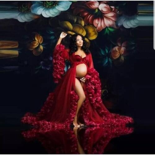 Pretty Dark Red Tulle Long Maternity Dresses Photography Puff Sleeves Ruffles Tiered Women Dresses Night Gowns Long Robe