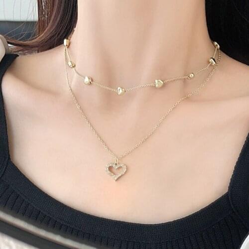 2021 New Double Layer Chain Heart Choker Necklace For Women Gold Chain Korean Style Collar Female Chocker Fashion Jewelry
