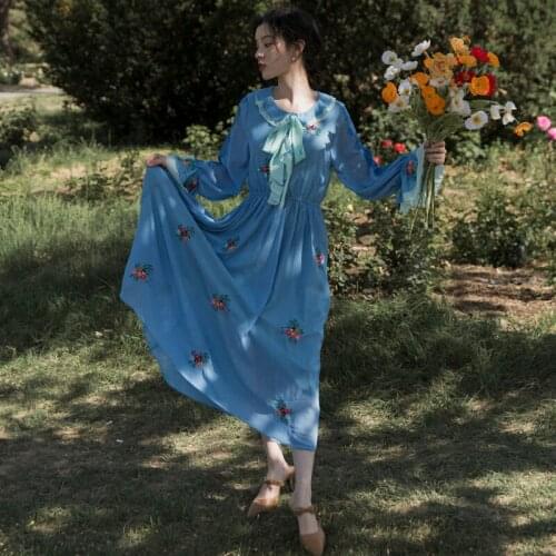 Blue Light Luxury Fairy French Retro Embroidery Dress Vestido AutumnDouble-Layer Collar Bow Sweet Flare Sleeve Gentle Maxi Dress