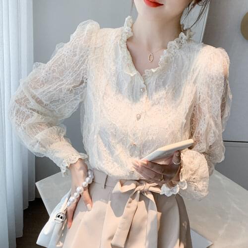 2021 Woman Floral Cotton White Blouse Vintage Hollow Out Female Office Ladies Tops Casual Lace Long Sleeve Blouse Shirts H1115