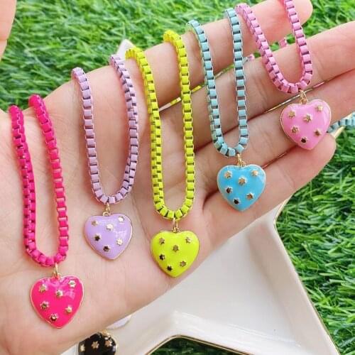 5Pcs Enamel Heart shape pendant Necklace Fashion Mix Color Box Chain Jewelry Accessories Necklace