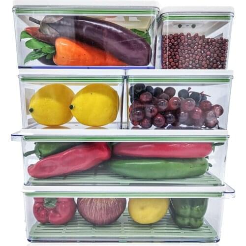 6 Pack Plastic Stackable Food Storage Containers with Vented Lids and Drain Tray for Refrigerator Produce Saver