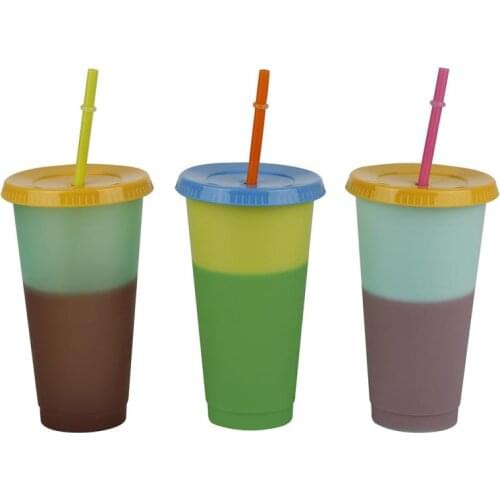 710ML Reusable Color Changing Cold Cups Colorful Cold Water Color Changing Cup Tumbler Coffee Mug With Straws Drink Water Bottle