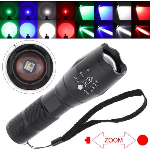 A100 5 Light Modes Red Green Blue White Light LED Flashlight with Adjustable Focus Waterproof for Camping / Hiking / Fishing
