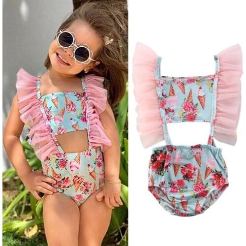 Toddler Kids Ruffles Tulle Bikini Beachwear Swimsuit Floral Bathing Suit Kids Baby Girls Ice Cream Print Bathing Suit
