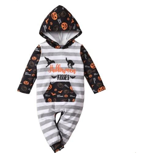 OPPERIAYA Toddler Halloween Autumn Cotton Jumpsuit Printed Striped Hooded Long Sleeves Romper for Baby Girls Boys 0-24 Months