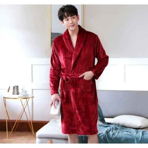 Men Casual Wine Red Kimono Bathrobe Autumn Winter Flannel Long Robe Thicken Warm Soft Sleepwear Nightgown Male Casual Home Wear