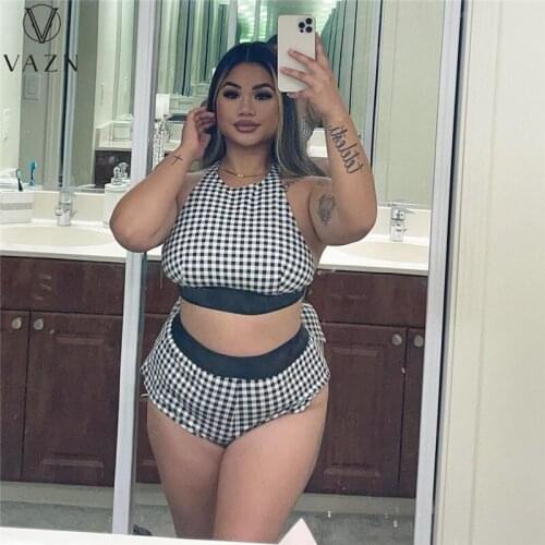 VAZN Summer 2021 Ladies Casual Fashion Street Slim Sexy Sleeveless Checked Print Swimsuit Two-Piece Set