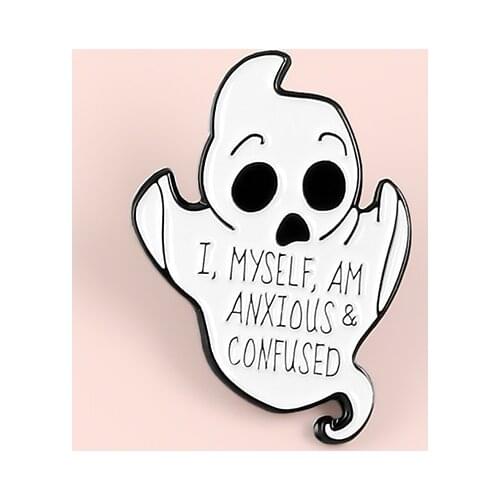 Cute Ghost Enamel Pin I MYSELF AM ANXIOUS & CONFUSED badge Brooch Quote Funny Words Jewelry Denim clothes bags Gift