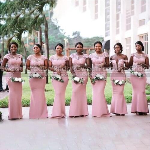 Pink Appliques Lace Bridesmaid Dresses With Capped Sleeves 2021 Mermaid Sheer Neck Long Wedding Party Dress Vestidos