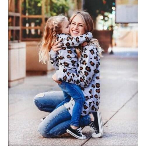 Mother Daughter Leopard Long Sleeve Sweatshirt Tops Grey Family Matching Clothes