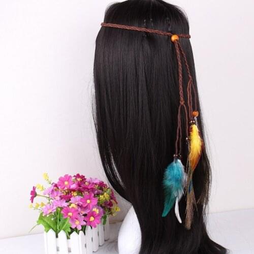 Bohemian Style Indian Feather Headband Headdress Hair Rope Headwear Tribal Hippie Handmade Hair Accessories for Women 50