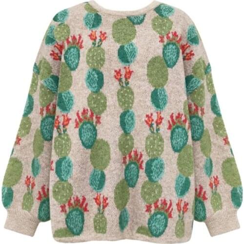 PERHAPS U Green Cactus Print Long Sweater Knitted Pullovers Long Sleeve Loose Autumn Winter M0379
