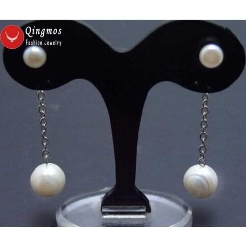 Qingmos White Pearl Trendy Dangle Earrings for Women with 7-8mm Flat Round Natural Pearl and 10-11mm Potato Pearl Earring-ear577