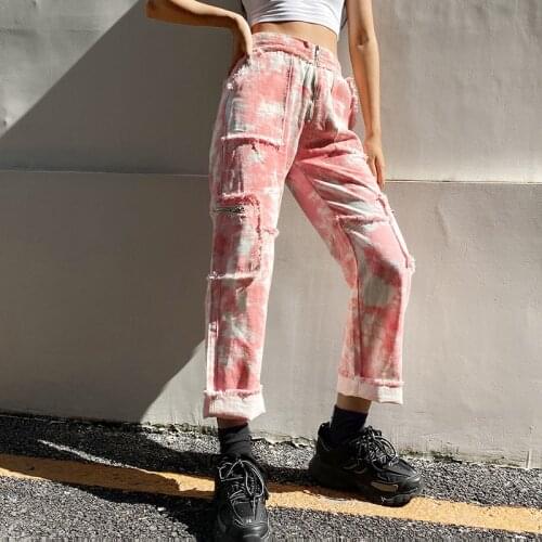 2021 New fashion Hip hop Zipper pants Tie Dye Jeans Women Pocket High Waist Denim Pants Casual Fashion Long Trousers Streetwear