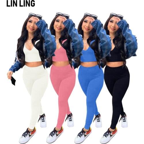 LINLING Womens Casual 2 Piece Outfits Sexy Bodycon Sleeveless Crop Top with Long Pants Tracksuit Set Jumpsuits
