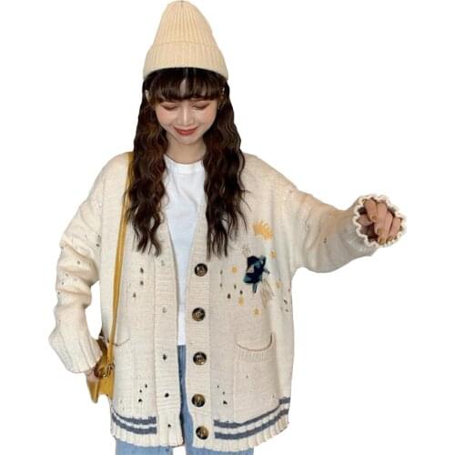 Cartoon Embroidery Oversize Sweater Women Knitted Cardigan Harajuku Loose Elegant V Neck Schoolgirl Cardigan Autumn Winter