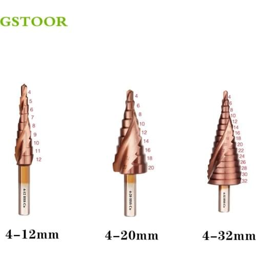 1PC 4-12mm 4-20 4-32 M35 Titanium Coated spiral Pagoda Shape Step Drill Bit Triangle Shank Hole HSS Drill Step Drill