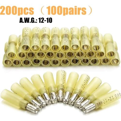 200pcs Heat Shrink Bullet Terminal Male&Female Wire Crimp Connectors Waterproof Electrical Wire Splice Terminals 12-10AWG