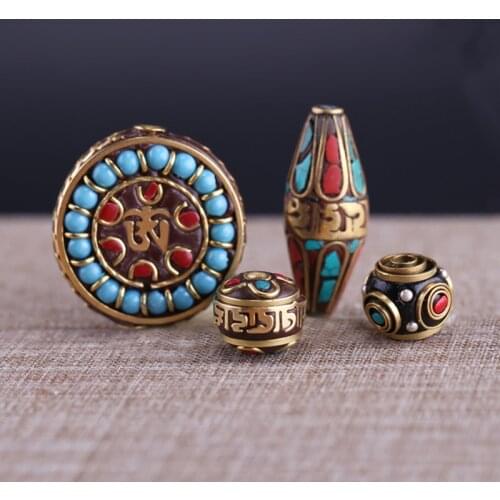 4pcs Craft Handmade OM Mantra Copper Nepal Spacer Beads Ethnic Decoration Brass Charm Accessories DIY Jewelry Making Unisex