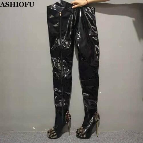 ASHIOFU New Real Photos Ladies Thigh High Boots Rivets Spikes Sexy Platform Over Knee Boots Winter Club Evening Fashion Boots