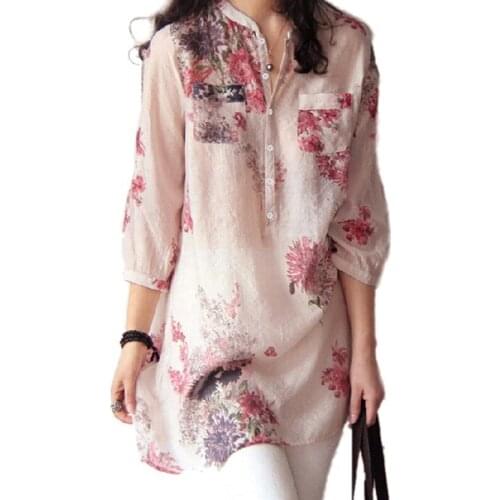 Cotton Linen Shirts Vintage Women Fashion Floral Print Blouses Casual Loose Tops Female Long Shirt Blusas Tunic Chinese Style