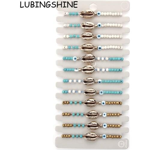12pcs/lot Bohemian Women Braided Natural Stone Shell Charms Beaded Bracelet Set Adjustable Rope Chain Evil Eye Anklet Jewelry