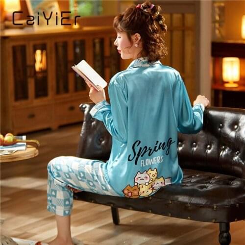CAIYIER New 2020 Large Size Women Nightwear Spring Cat Print Silk Pajamas Set Thin Outwear Fashion Party Pink Pyjama Majur M-5XL