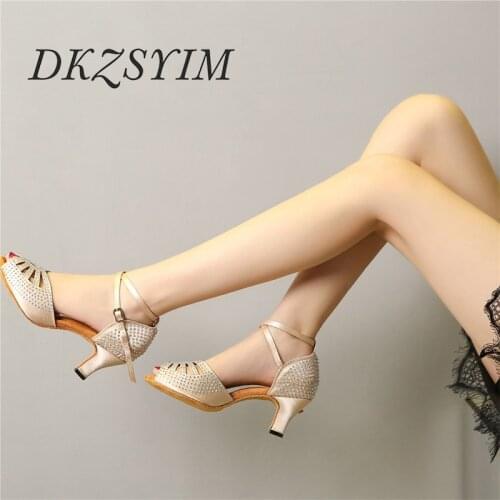 DKZSYIM Rhinestone Latin Dance Shoes Women Satin Ballroom Tango Dancing Sandals High Heels Party/Wedding Dance Sandals Wholesale