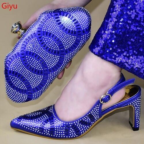 Doershow Italian blue Shoes with Matching Bags Sets Decorated with Rhinestone Women Shoes and Bags To Match Set !SSTY1-16