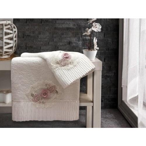 Cotton With Pearls 3D Bath Set Flower Cream