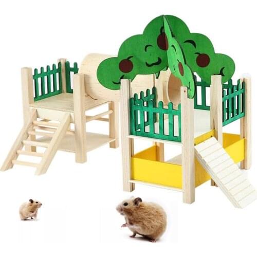 Small Animal Activity Toy Wooden Hamster Playground Perch Running Ladder Exercise Gymnastics with Feeder Cage Accessory #30