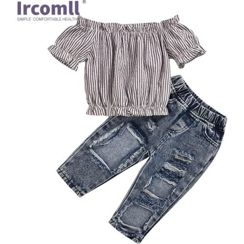 Ircomll 2-7Y 2pcs Girls' Clothes Striped Top+Ripped Jeans Denim Pants Summer Clothes Suit for girls Summer Suit