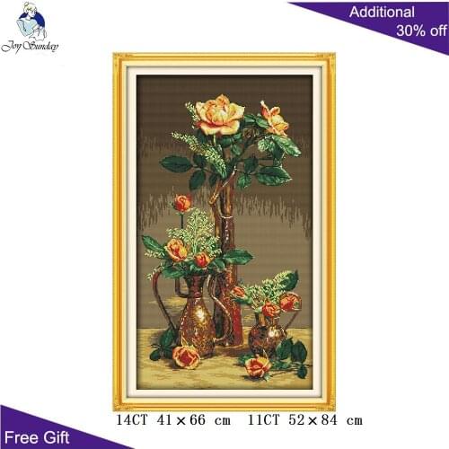 Joy Sunday Gold Roses Cross Stitch H353 14CT 11CT Counted and Stamped Home Decoration Gold Roses Needlework Cross Stitch kits