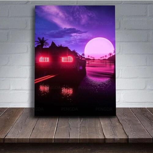 HD Print Luxury Car Picture Wall Art Neon Light Canvas Painting Modular Vaporwave Sunset Poster Home Decor For Living Room Frame