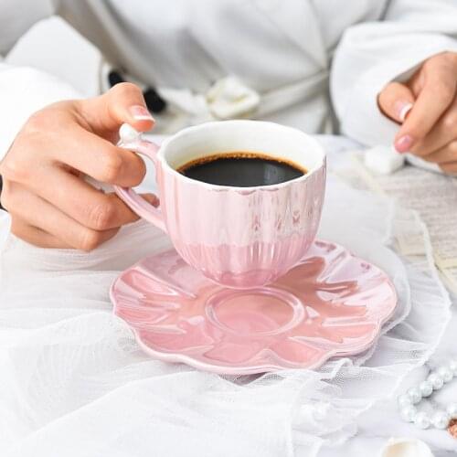 Ceramic Cup Shell Shaped Saucer Coffee Mug Afternoon Tea Cup Kitchen Accessories Office Home Pink Green Mug Dish Set Drinkware