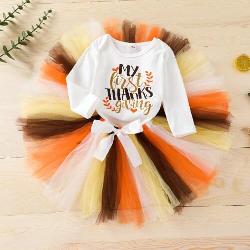 2Pcs Toddler Thanks Giving Outfits Letter Print Round-Neck Long Sleeves Romper + Match Color Tutu Skirt for Girls 0-18 Months
