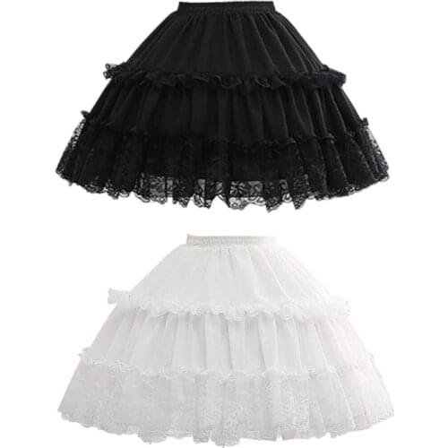 Women Girls Lolita Cosplay Short Petticoat Ruffles Floral Lace 2 Hoop Underskirt