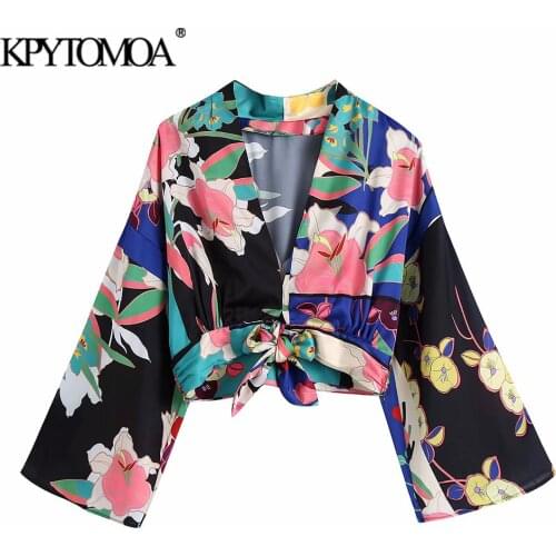 KPYTOMOA Women 2021 Fashion With Knot Floral Print Crop Blouses Vintage Three Quarter Sleeve Side Zipper Female Shirts Chic Tops