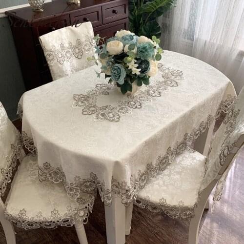 European style Lace Oval Tablecloth Beige Upscale Cutout Embroidered Hem Dining Table Cloth/45cm Chair Cover for Wedding Party