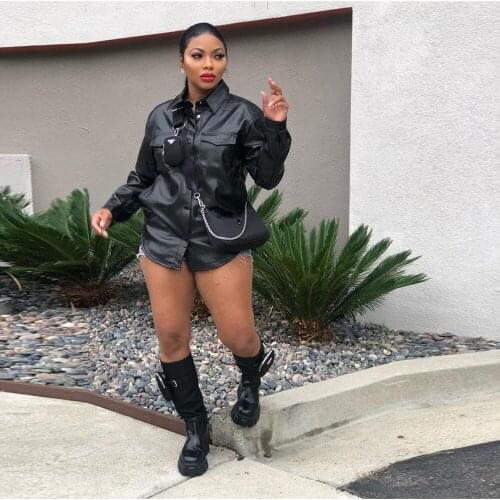 Black PU Faux Leather Moto & Biker Shirt for Women Long Sleeve Turn Down Collar Loose Blouse Hip Hop Single Breasted Top Y2K