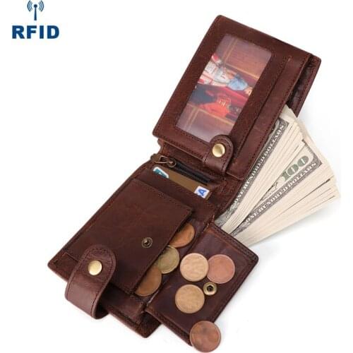 Men Wallet RFID Blocking Wallet Cow Leather Men Wallets with Coin Pocket Vintage Male Purse Function Brown Genuine Leather R11
