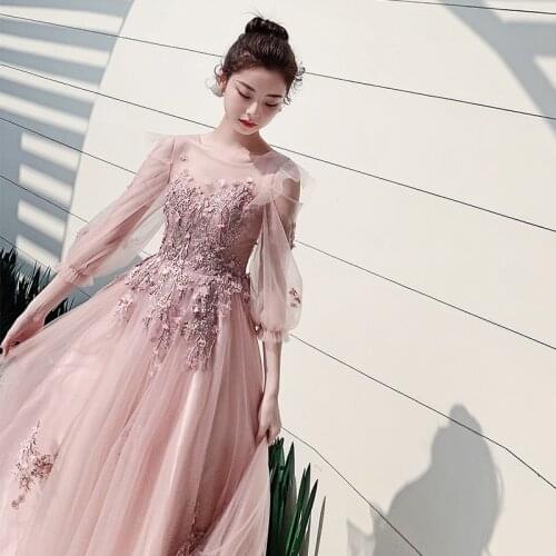 Fairy Pink Evening Party Dress Exquisite Appliques Celebrity Banquet Dress Elegant A-line Hostess Dress Slim Maxi Mesh Dress