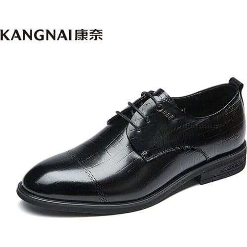 KANGNAI Men Shoes Genuine Leather Pointed Toe Formal Business Suit Lace-Up Office Black Dress Derby Shoes Man