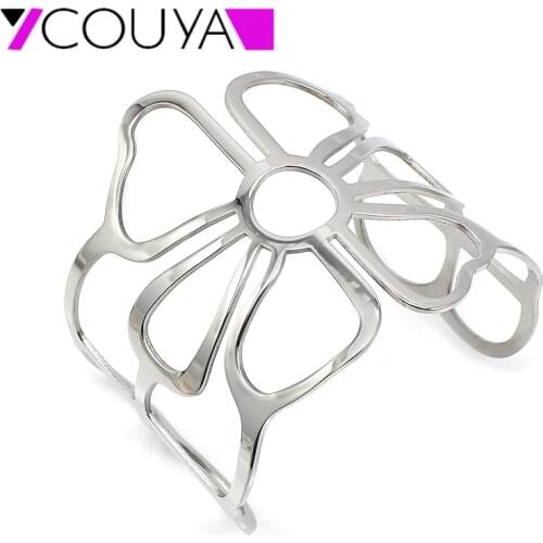 Unique design 2017 New Fashion big wide plain cuff bangles bracelets for women jewelry flower design Free shipping Mirror polish