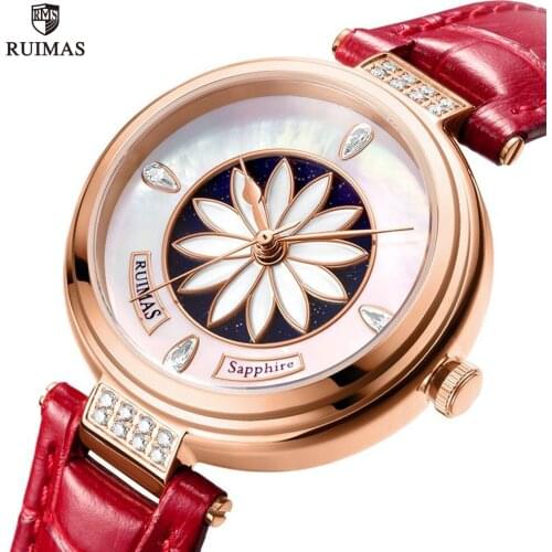 RUIMAS Women Watches Luxury Red Leather Strap Automatic Wristwatch Flower Dial Mechanical Watch Lady Girls Waterproof Clock 6776