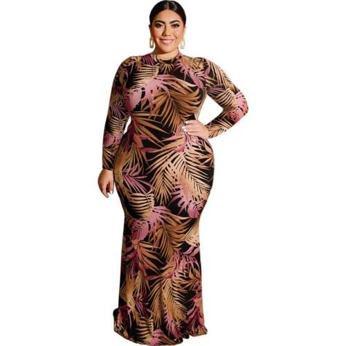 Vestidos Mujer Long Autumn Winter Tight-fitting Sexy Bag Hip Hollow Out Waist Leaf Print Long Large Size Womens Dress New Z491