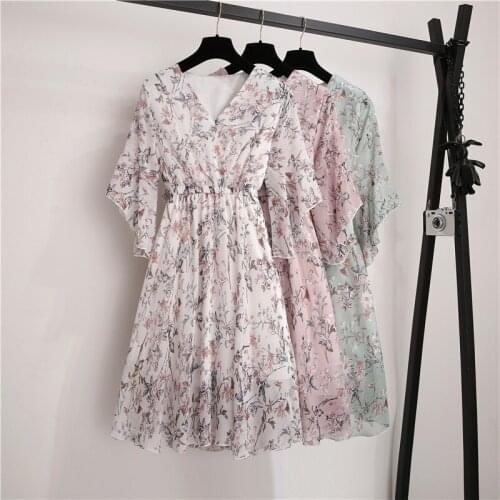 New Chiffon Dress Women V-Neck Ruffles Butterfly Sleeve Print Dresses Sweet Floral Slim Elastic Waist Knee-Length A-Line Dresses