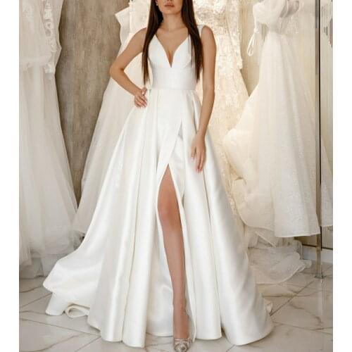Long Sexy A-Line V-Neck Wedding Dresses with Pockets Floor Length Corset Back Side Slit Brautkleid Robes de Soirée for Women
