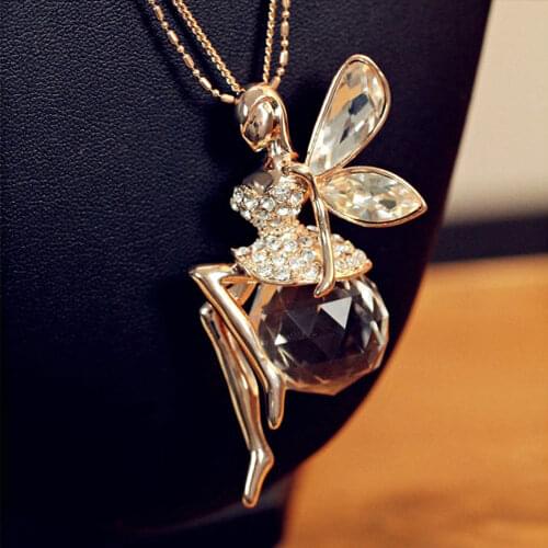 2021 New Butterfly Fairy Pendant Necklace Big Crystal Ball Angel Wing Necklace Weater Chain Necklace For Women Jewelry 60cm